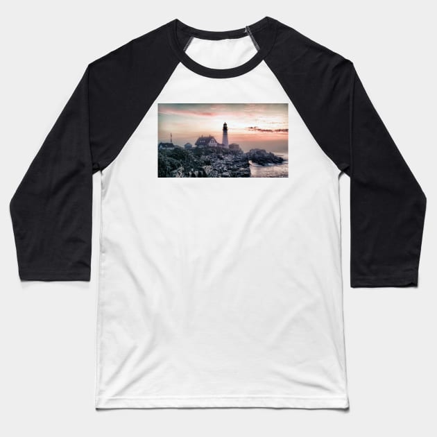 Portland Head Light Summer Sunrise Baseball T-Shirt by BeanME